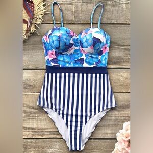 Cupshe Blue Floral and Striped One Piece Swimsuit